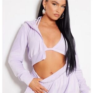 Pretty Little Thing Cropped Lilac Velour Hoodie Jacket Zip Front Ribbed Trim